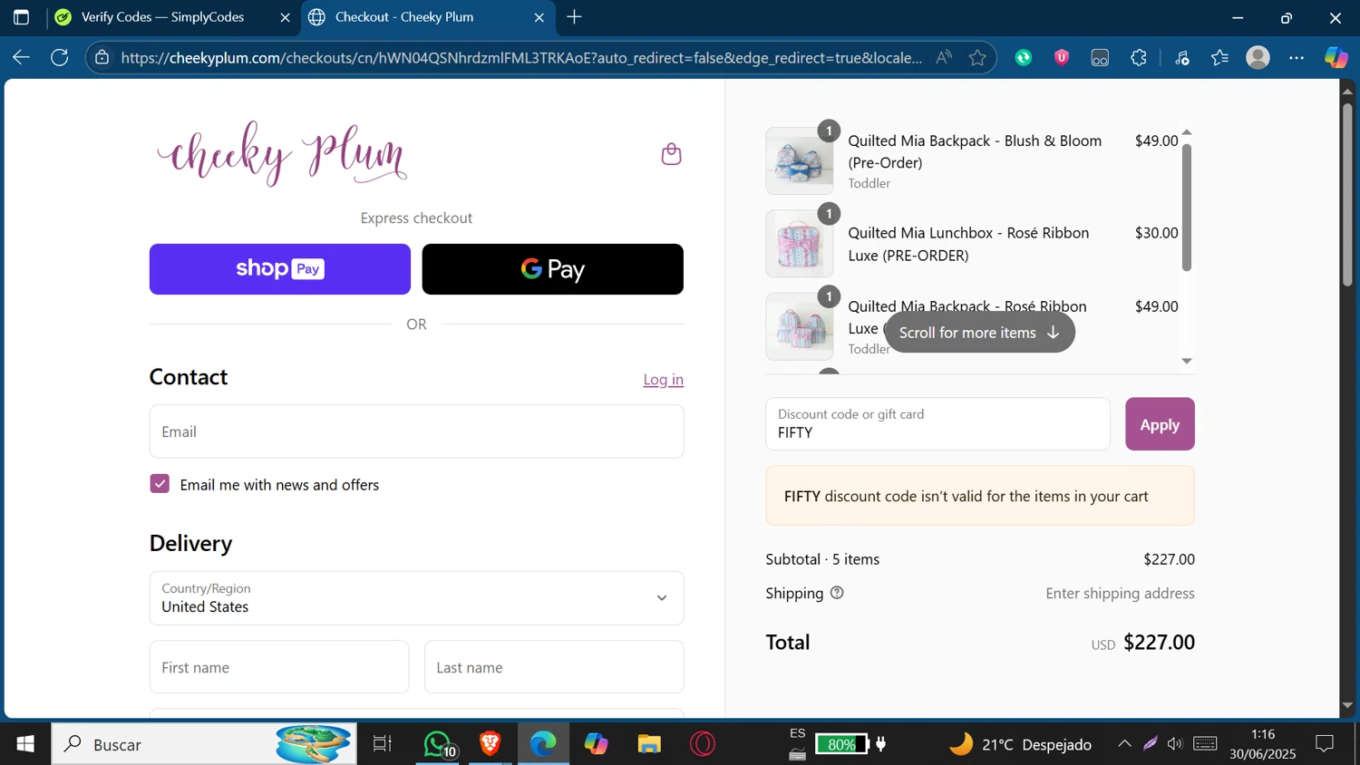 Cheeky Plum discount code screenshot showing code FIFTY applied at Cheeky Plum checkout page. Uploaded by SimplyCodes community member Jeffersontorrealba on Jun 30, 2025