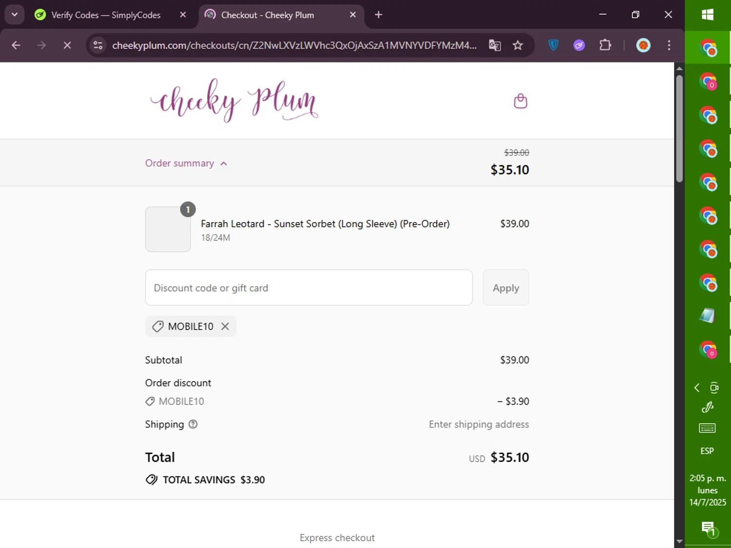 Cheeky Plum discount code screenshot showing code MOBILE10 applied at Cheeky Plum checkout page. Uploaded by SimplyCodes community member PromoVoyager8446 on Jul 14, 2025