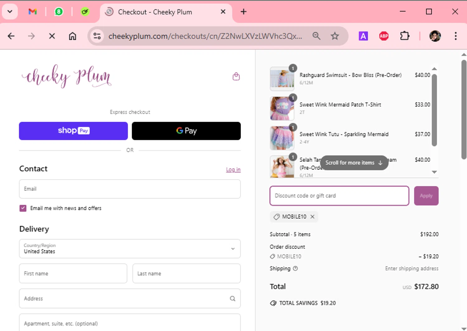 Cheeky Plum discount code screenshot showing code MOBILE10 applied at Cheeky Plum checkout page. Uploaded by SimplyCodes community member Scarleth_2GGD on Mar 30, 2025