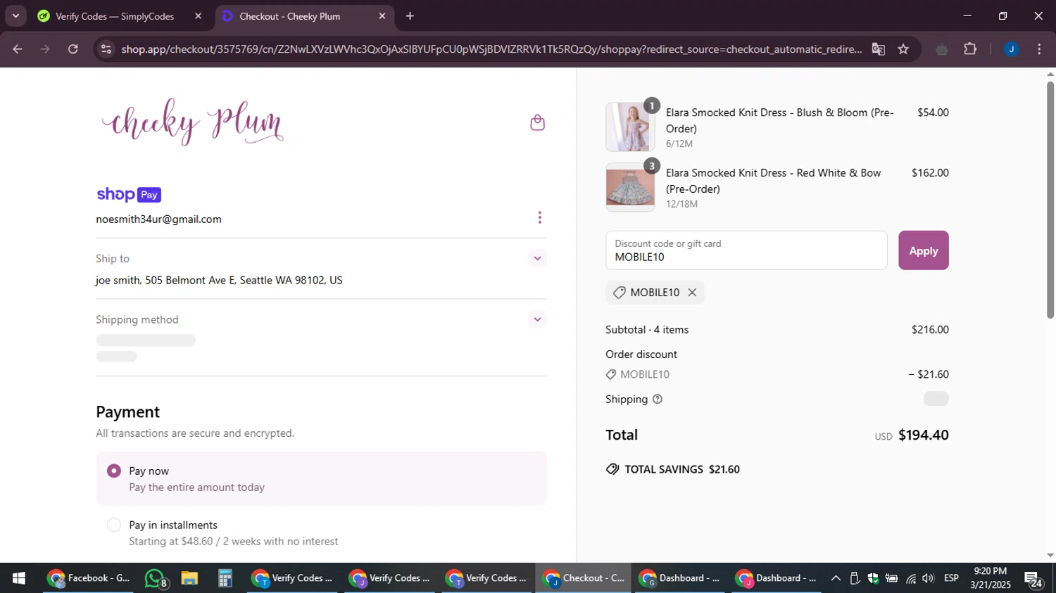 Cheeky Plum discount code screenshot showing code MOBILE10 applied at Cheeky Plum checkout page. Uploaded by SimplyCodes community member noesmith34ur on Mar 22, 2025