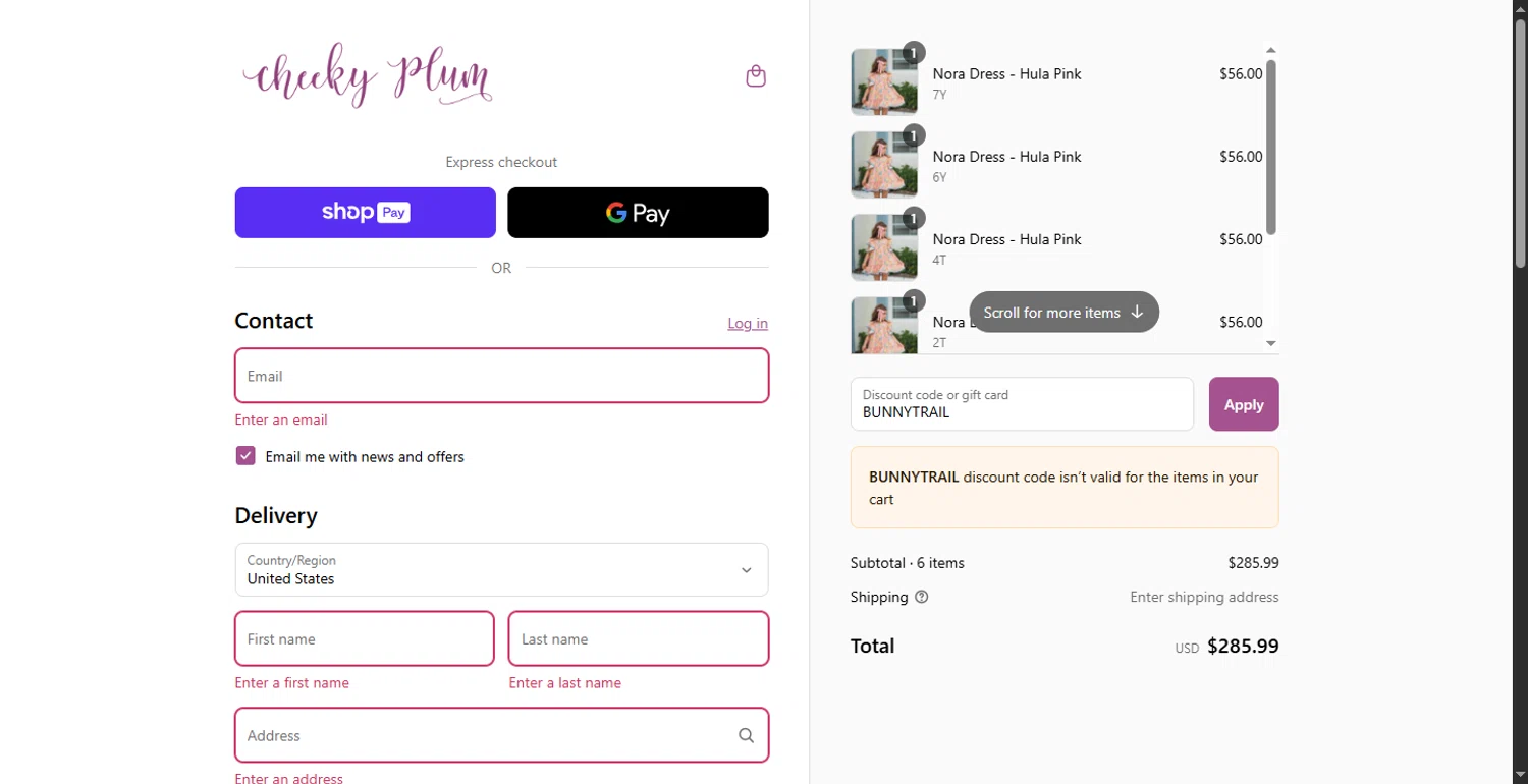 Cheeky Plum discount code screenshot showing code BUNNYTRAIL applied at Cheeky Plum checkout page. Uploaded by SimplyCodes community member DiscountPhoenix427 on Jul 22, 2025