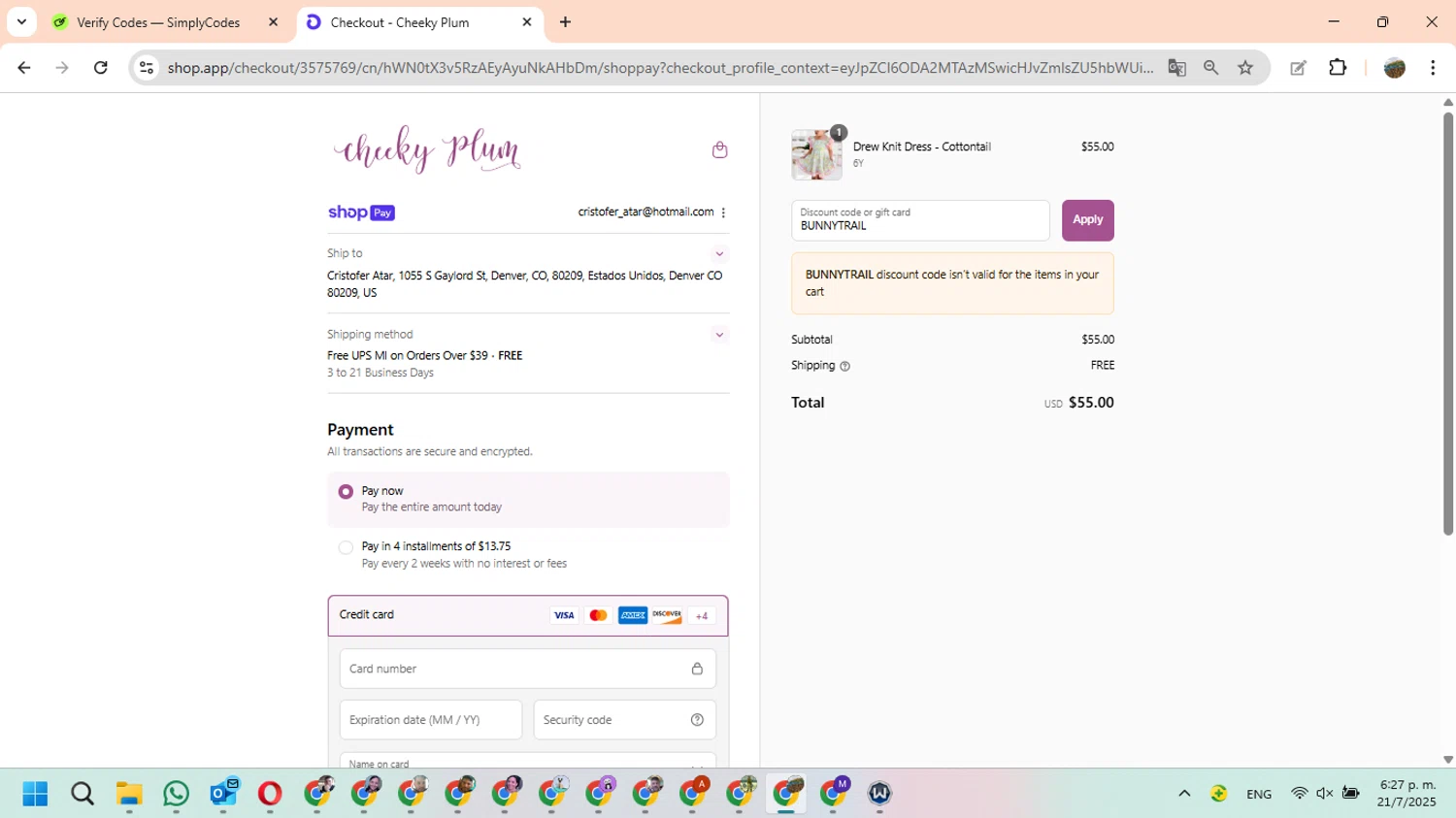 Cheeky Plum discount code screenshot showing code BUNNYTRAIL applied at Cheeky Plum checkout page. Uploaded by SimplyCodes community member Phoenix23 on Jul 21, 2025