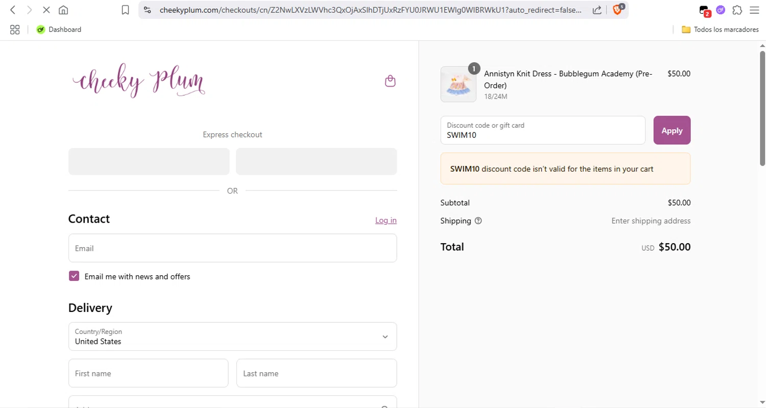 Cheeky Plum discount code screenshot showing code SWIM10 applied at Cheeky Plum checkout page. Uploaded by SimplyCodes community member LegendaryTitan9160 on Jun 10, 2025