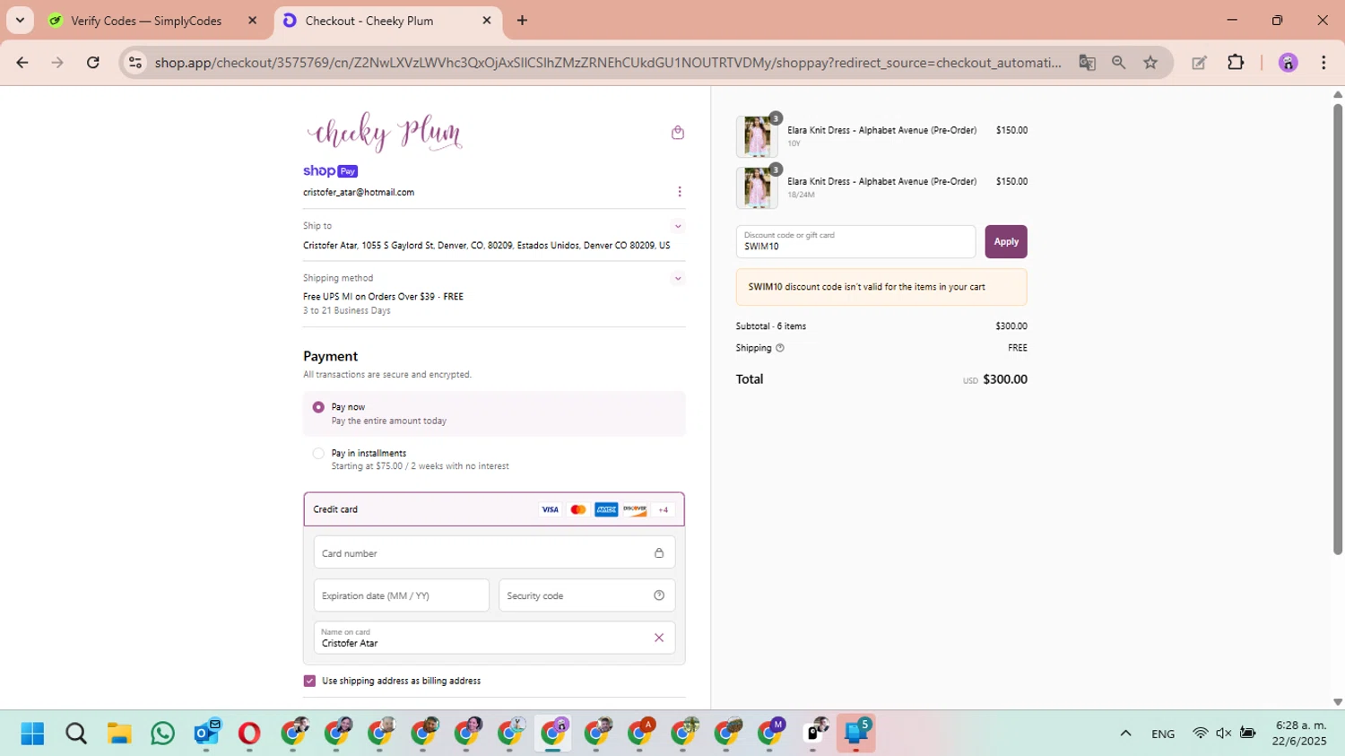 Cheeky Plum discount code screenshot showing code SWIM10 applied at Cheeky Plum checkout page. Uploaded by SimplyCodes community member MariAPB on Jun 22, 2025