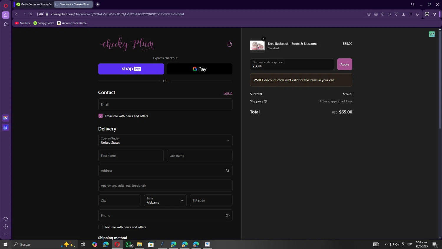 Cheeky Plum discount code screenshot showing code 25OFF applied at Cheeky Plum checkout page. Uploaded by SimplyCodes community member Gojira on Jun 22, 2025