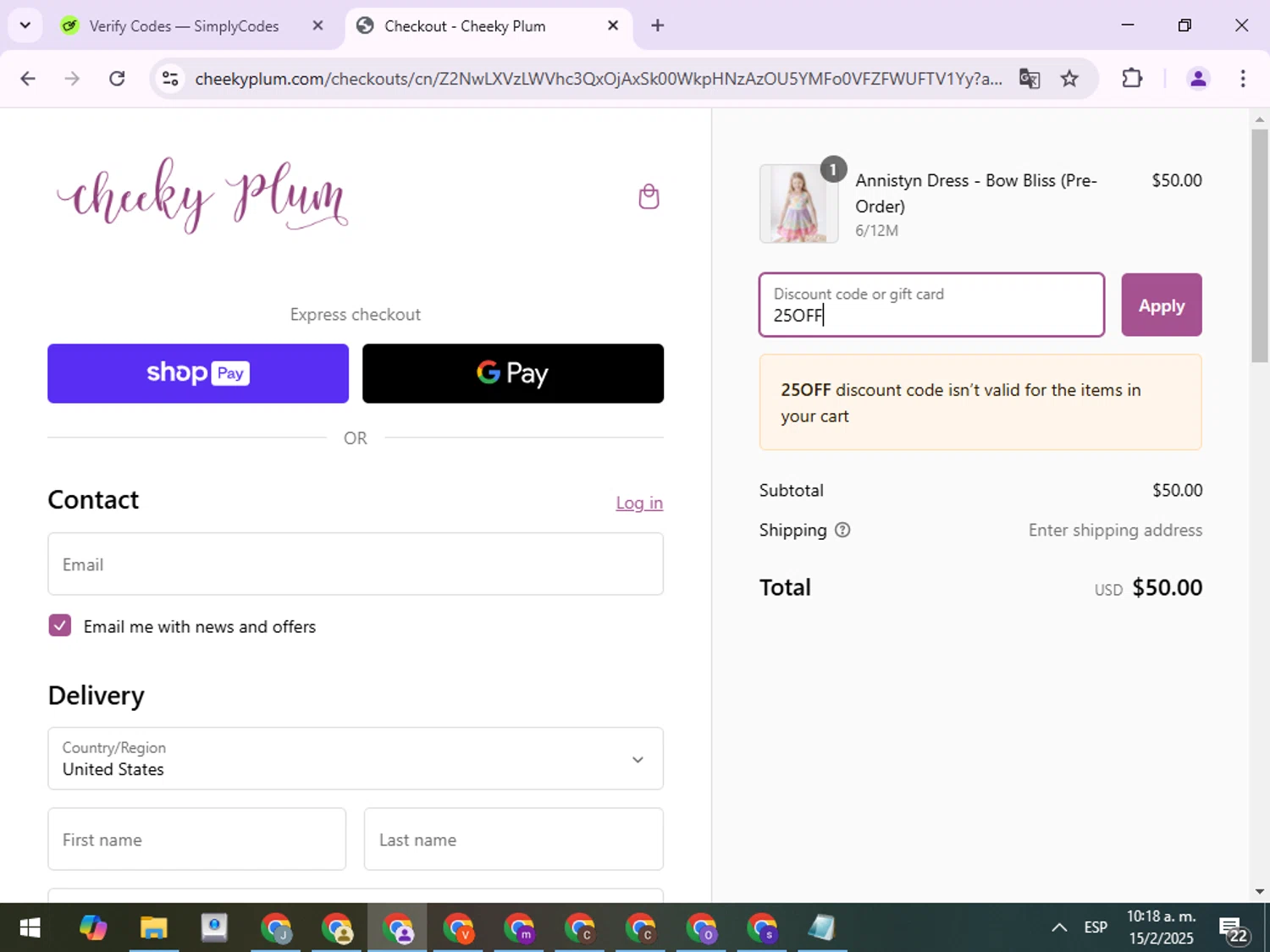 Cheeky Plum discount code screenshot showing code 25OFF applied at Cheeky Plum checkout page. Uploaded by SimplyCodes community member ExtraordinaryPro8536 on Feb 15, 2025
