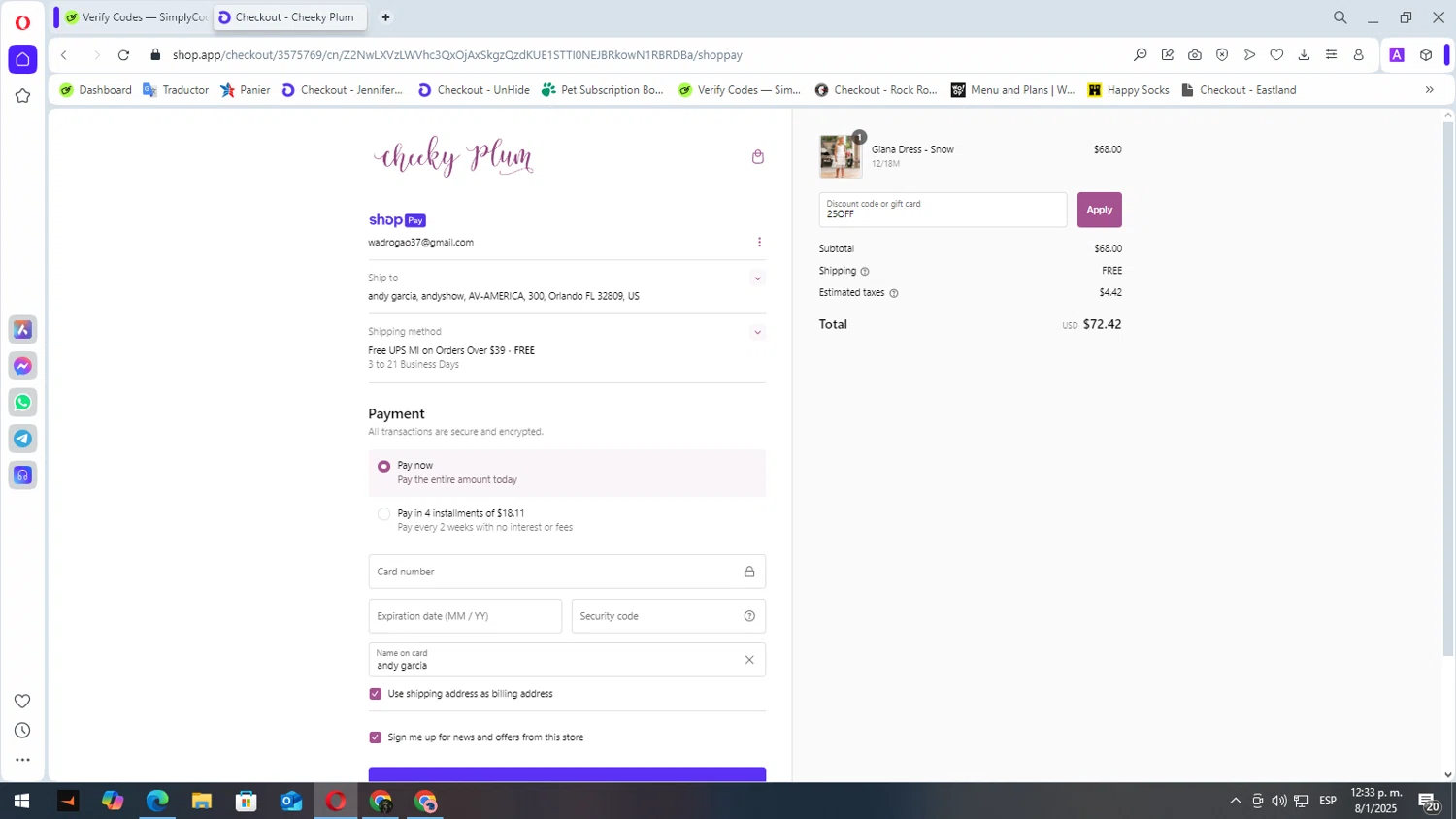 Cheeky Plum discount code screenshot showing code 25OFF applied at Cheeky Plum checkout page. Uploaded by SimplyCodes community member elbicho22 on Jan 8, 2025