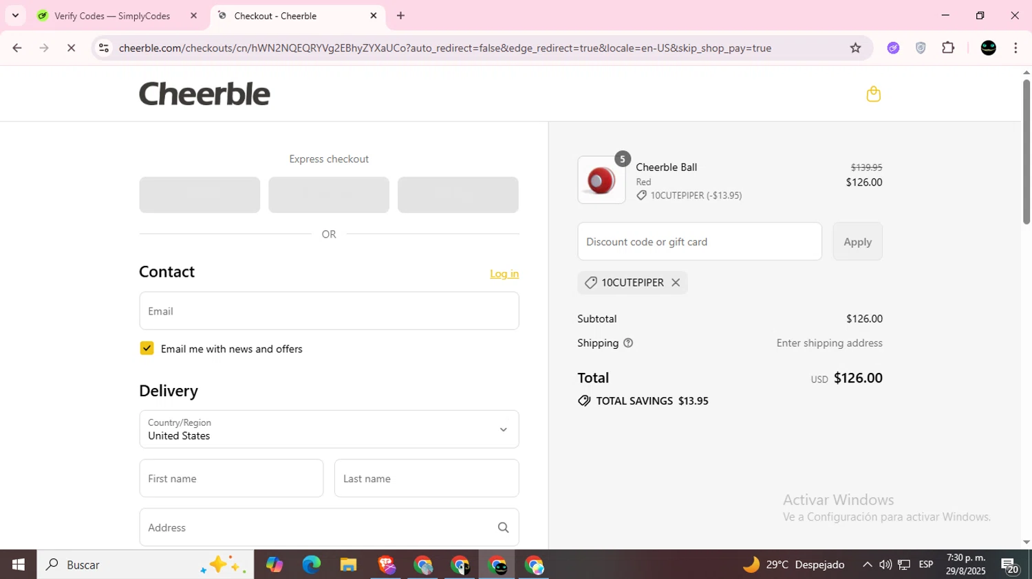 Cheerble promo code screenshot showing code 10CUTEPIPER applied at Cheerble checkout page. Uploaded by SimplyCodes community member BargainWizard5755 on Aug 29, 2025