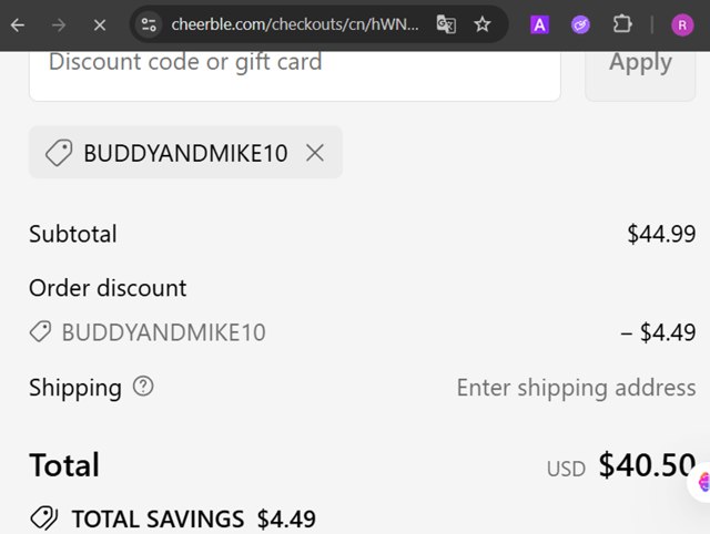 Cheerble checkout page showing Cheerble discount code box | Screenshot taken by SimplyCodes community member on Sep 7, 2025