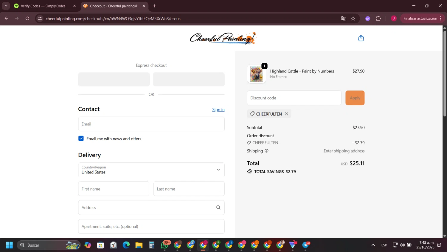 Cheerful Painting discount code screenshot showing code CHEERFULTEN applied at Cheerful Painting checkout page. Uploaded by SimplyCodes community member FrugalFinder745 on Oct 25, 2025