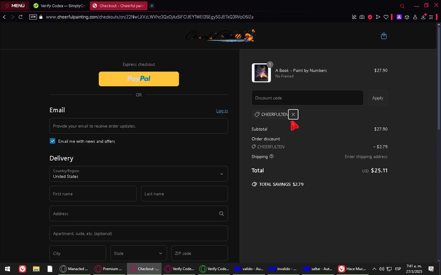 Cheerful Painting discount code screenshot showing code CHEERFULTEN applied at Cheerful Painting checkout page. Uploaded by SimplyCodes community member webopekao on Mar 27, 2025