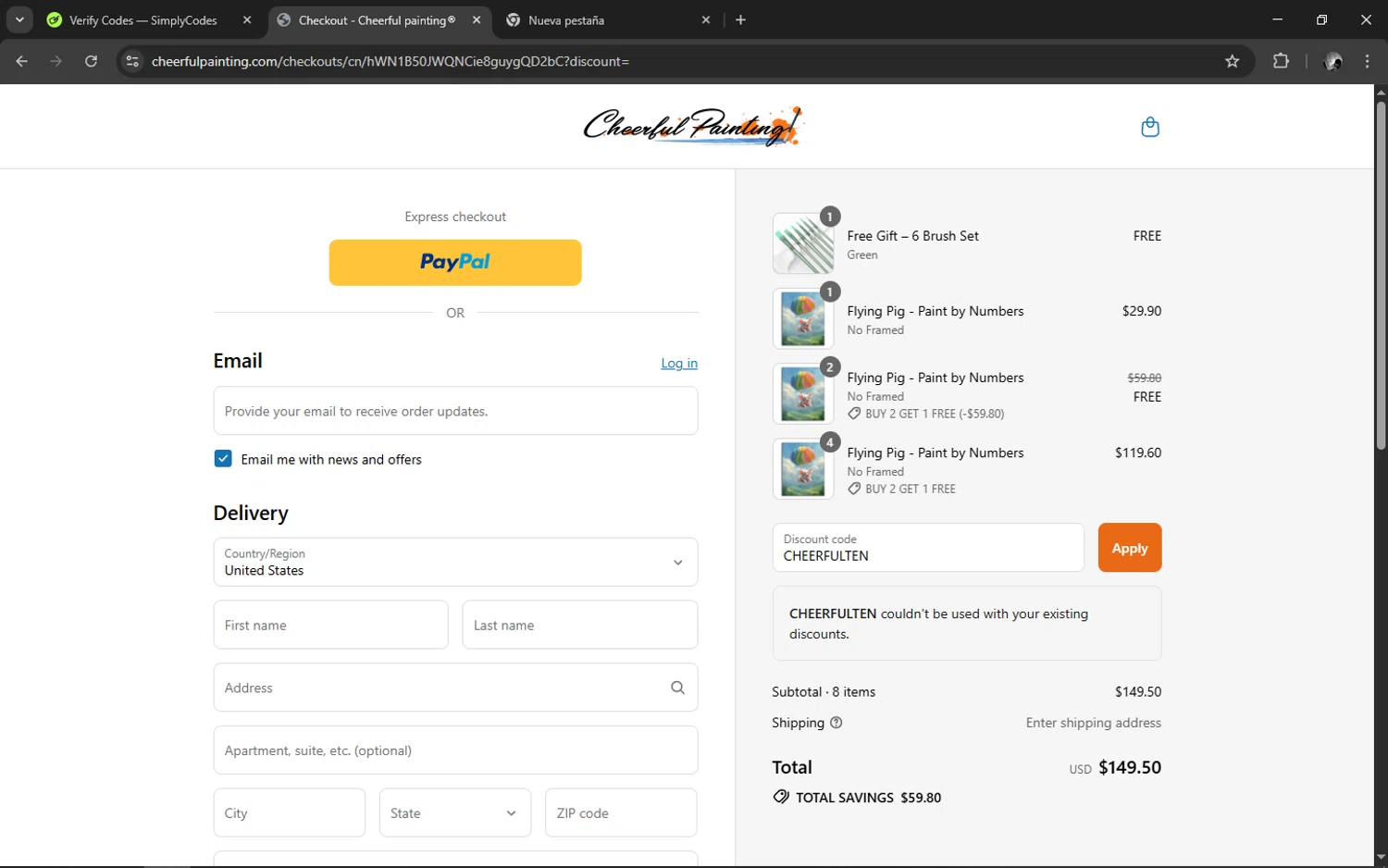 Cheerful Painting discount code screenshot showing code CHEERFULTEN applied at Cheerful Painting checkout page. Uploaded by SimplyCodes community member TUNGTUNG on Jul 29, 2025