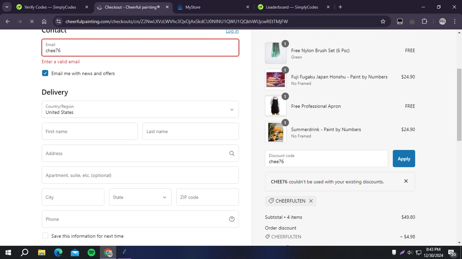 Cheerful Painting discount code screenshot showing code chee76 applied at Cheerful Painting checkout page. Uploaded by SimplyCodes community member ELREAL7 on Dec 30, 2024