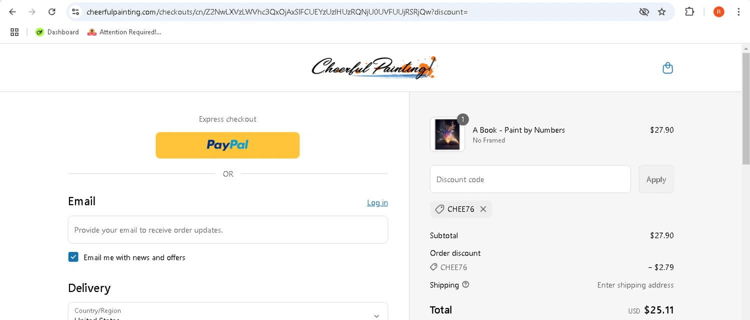 Cheerful Painting discount code screenshot showing code chee76 applied at Cheerful Painting checkout page. Uploaded by SimplyCodes community member rodolfocaraballo on Mar 27, 2025