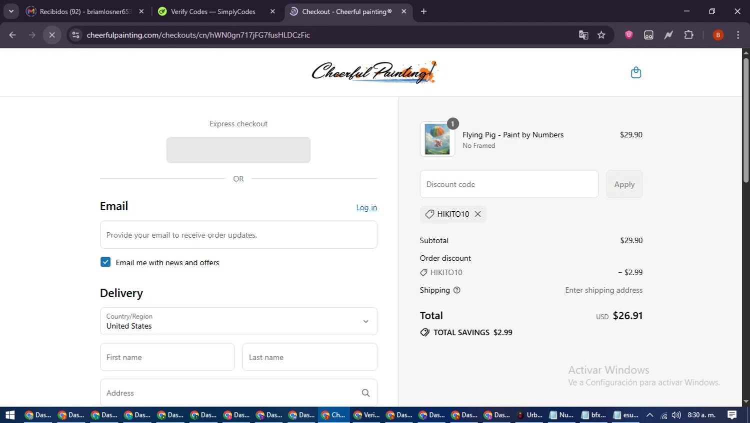 Cheerful Painting discount code screenshot showing code HIKITO10 applied at Cheerful Painting checkout page. Uploaded by SimplyCodes community member DiscountExpert6435 on Jul 16, 2025