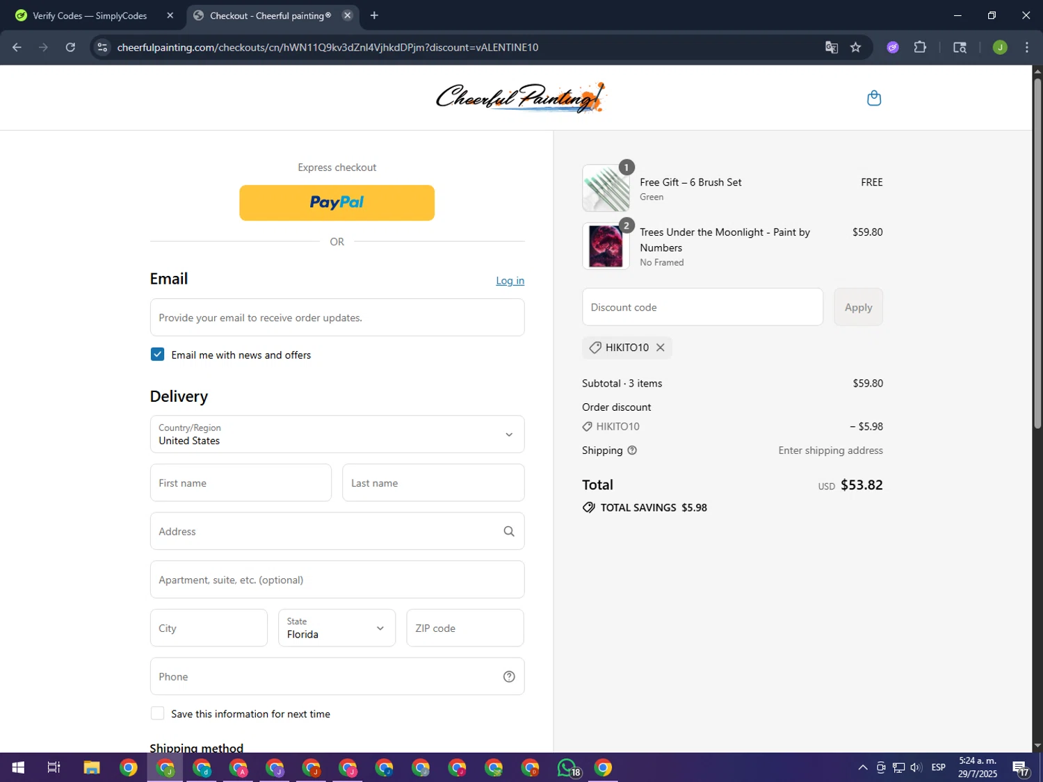 Cheerful Painting discount code screenshot showing code HIKITO10 applied at Cheerful Painting checkout page. Uploaded by SimplyCodes community member MightyFinder1041 on Jul 29, 2025