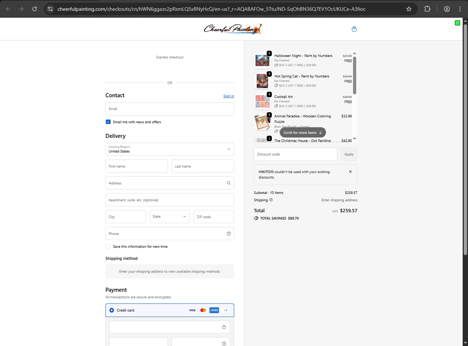 Cheerful Painting discount code screenshot showing code HIKITO10 applied at Cheerful Painting checkout page. Uploaded by SimplyCodes community member kaiserser on Dec 21, 2025