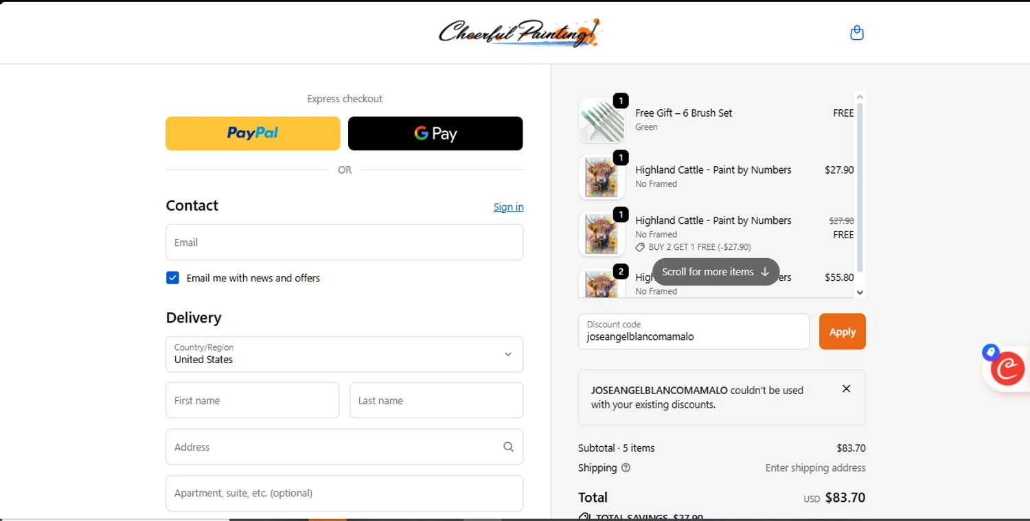 Cheerful Painting discount code screenshot showing code joseangelblancomamalo applied at Cheerful Painting checkout page. Uploaded by SimplyCodes community member RewardLynx9164 on Oct 25, 2025