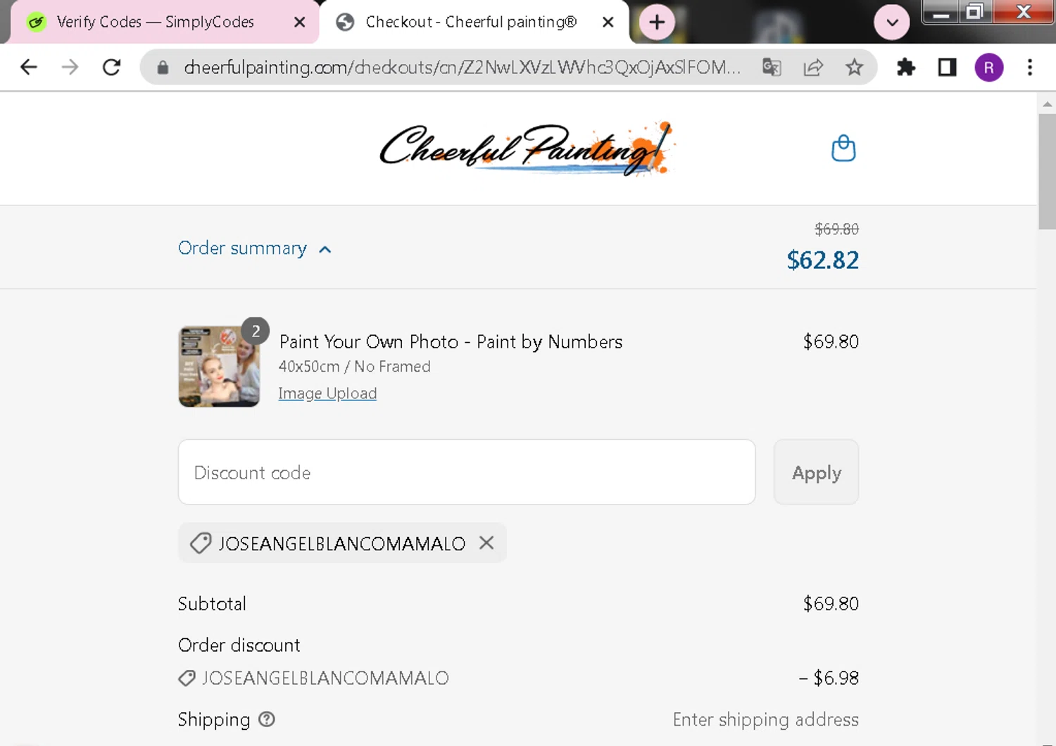 Cheerful Painting discount code screenshot showing code joseangelblancomamalo applied at Cheerful Painting checkout page. Uploaded by SimplyCodes community member DealFox7738 on Mar 31, 2025