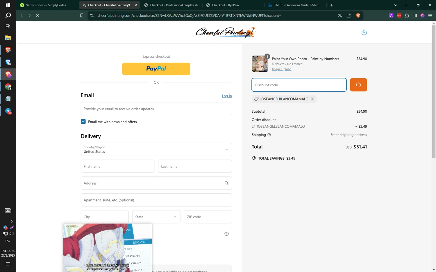 Cheerful Painting discount code screenshot showing code joseangelblancomamalo applied at Cheerful Painting checkout page. Uploaded by SimplyCodes community member jMoya06 on Mar 27, 2025