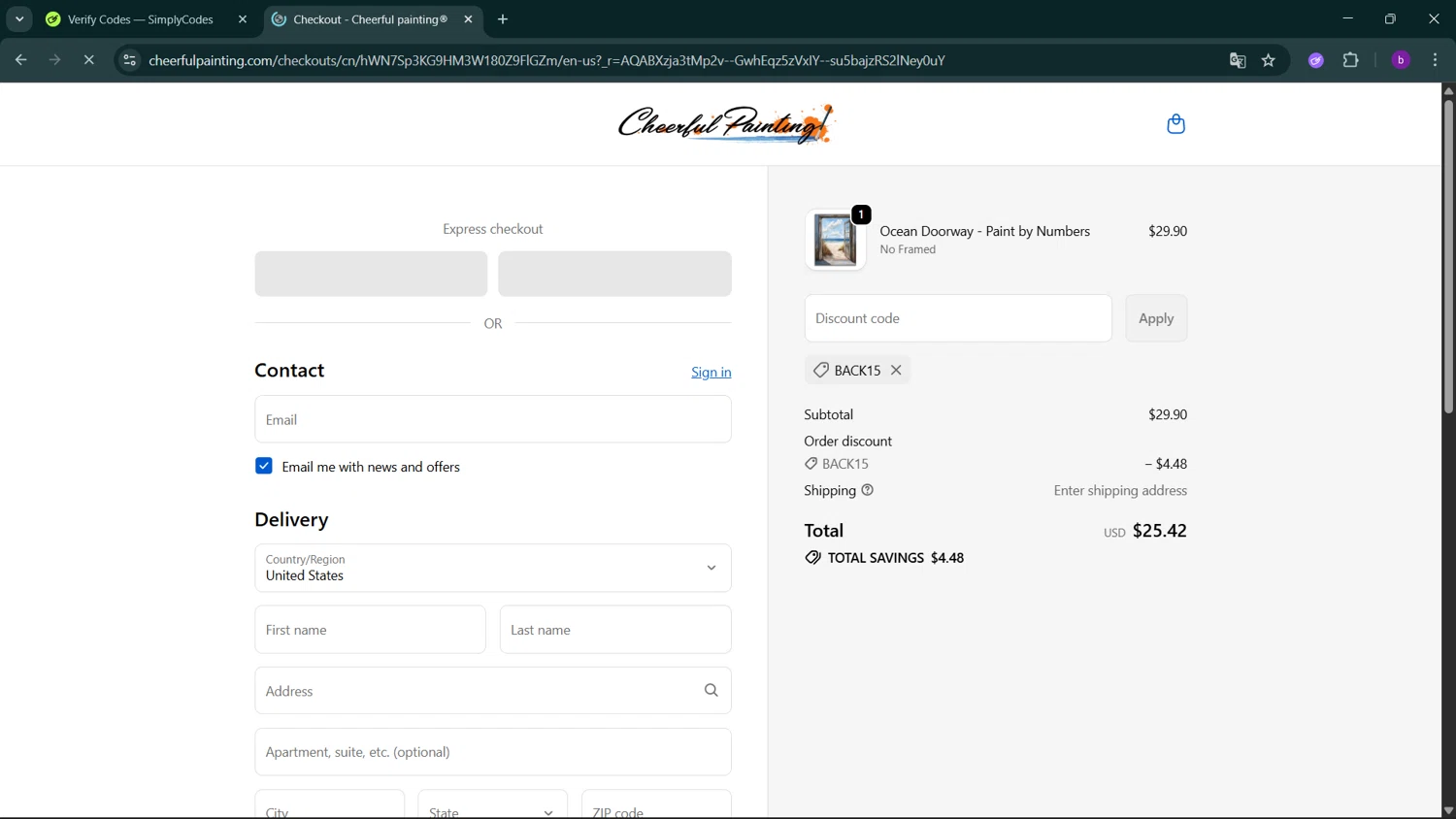 Cheerful Painting checkout page showing Cheerful Painting discount code box | Screenshot taken by SimplyCodes community member on Jan 10, 2026