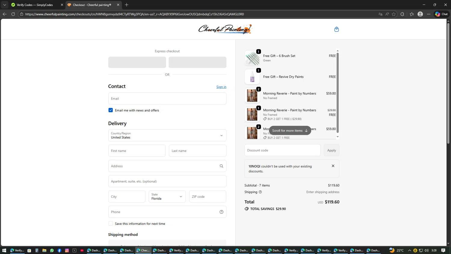 Cheerful Painting promo code screenshot showing code 10NOQI applied at Cheerful Painting checkout page. Uploaded by SimplyCodes community member AVAMUSTANG on Feb 12, 2026