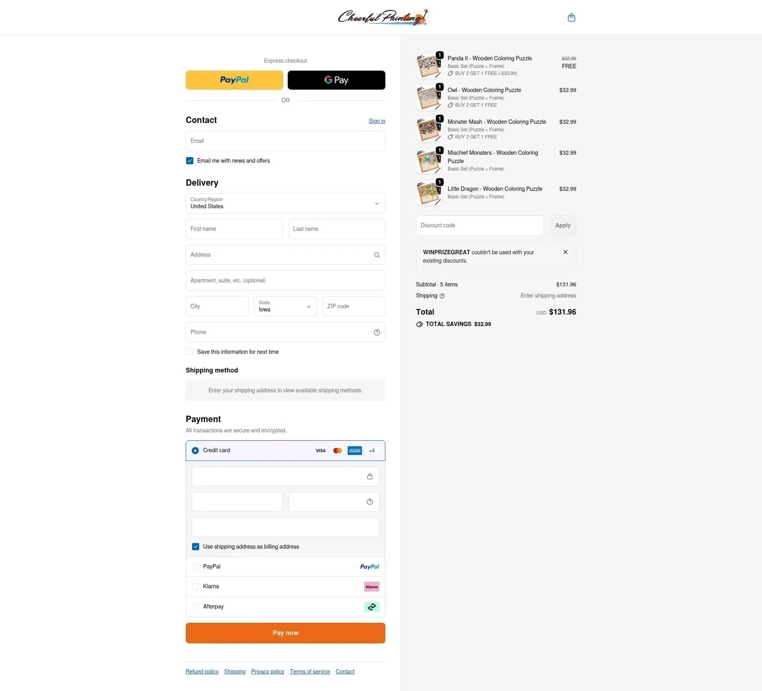 Cheerful Painting discount code screenshot showing code winprizegreat applied at Cheerful Painting checkout page. Uploaded by SimplyCodes community member LOgoter on Jan 2, 2026