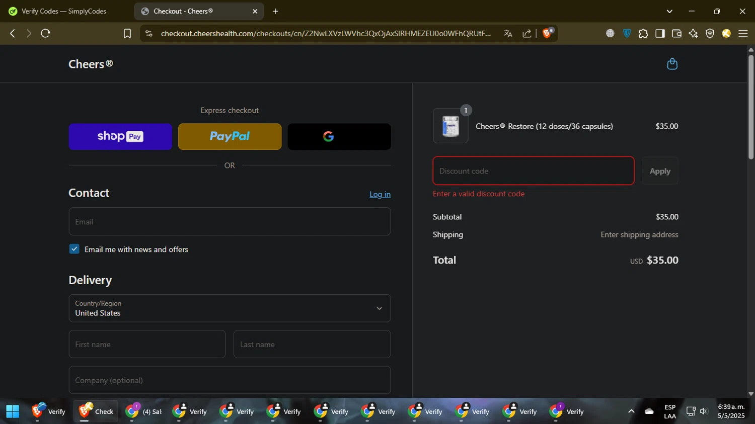 Cheers promo code screenshot showing code LEEANN15 applied at Cheers checkout page. Uploaded by SimplyCodes community member NoblePilot5885 on May 5, 2025