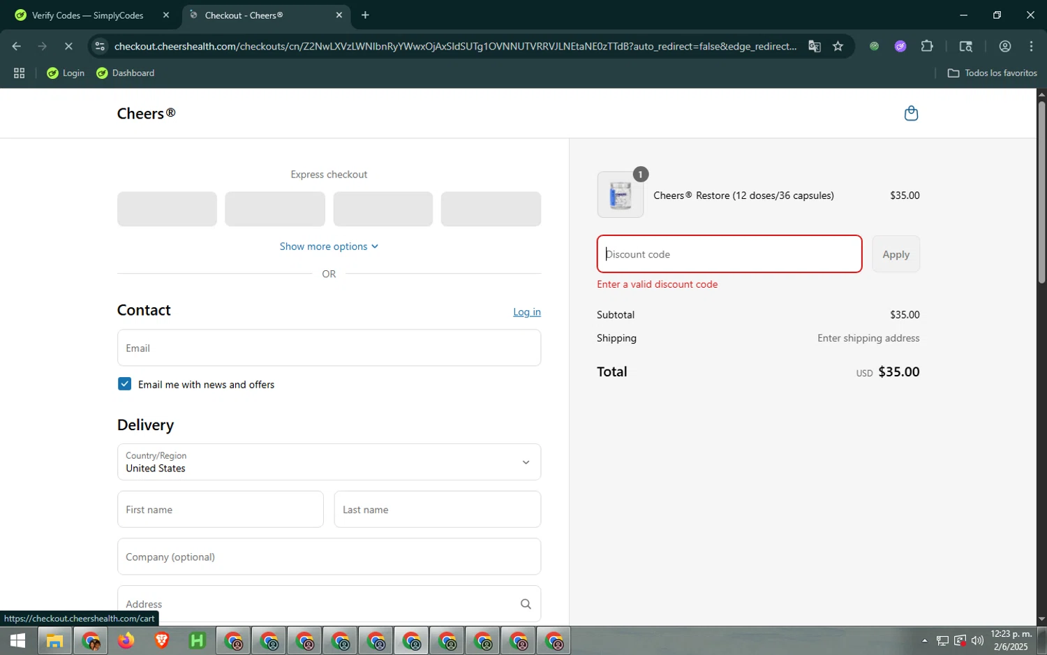 Cheers promo code screenshot showing code MDW20 applied at Cheers checkout page. Uploaded by SimplyCodes community member QuestVoyager445 on Jun 2, 2025