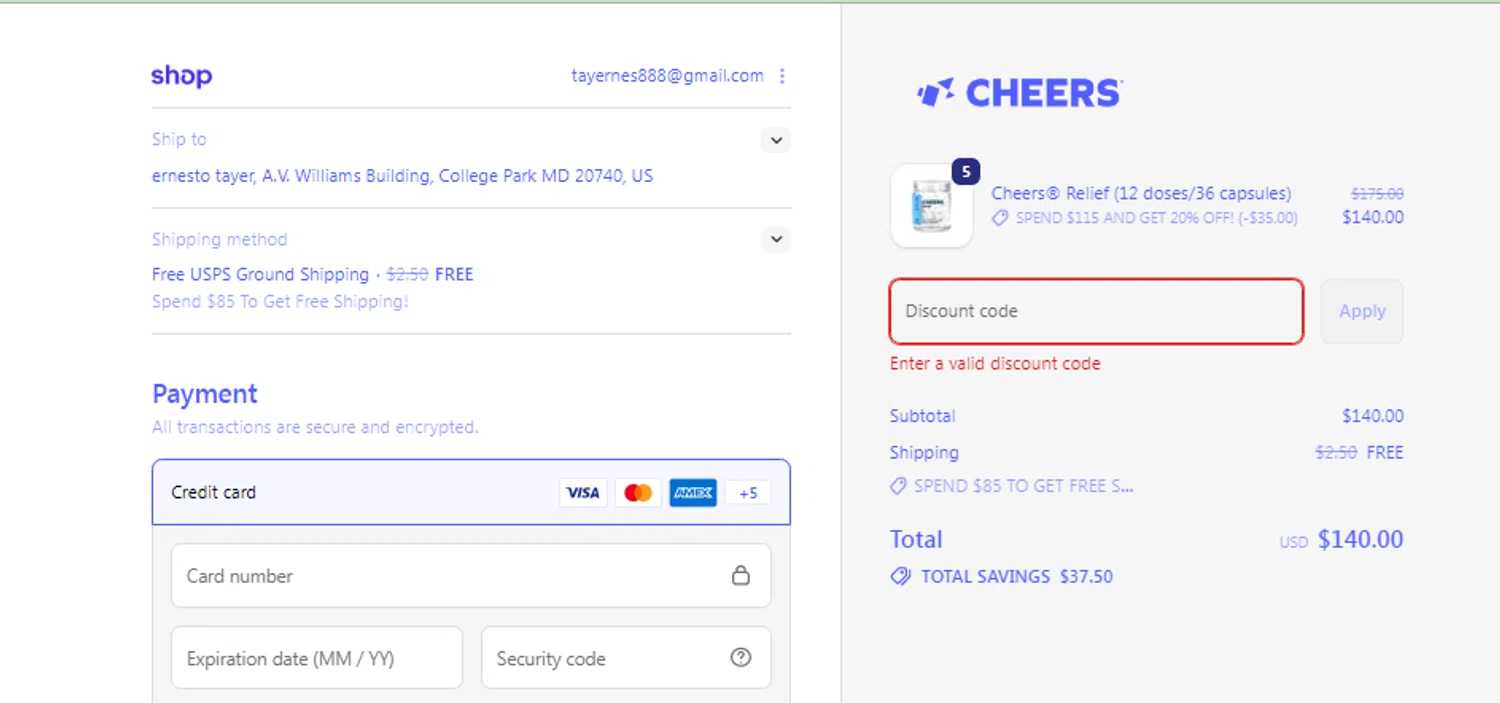 Cheers promo code screenshot showing code AT1555XPQD applied at Cheers checkout page. Uploaded by SimplyCodes community member CURTIS on Jan 11, 2026