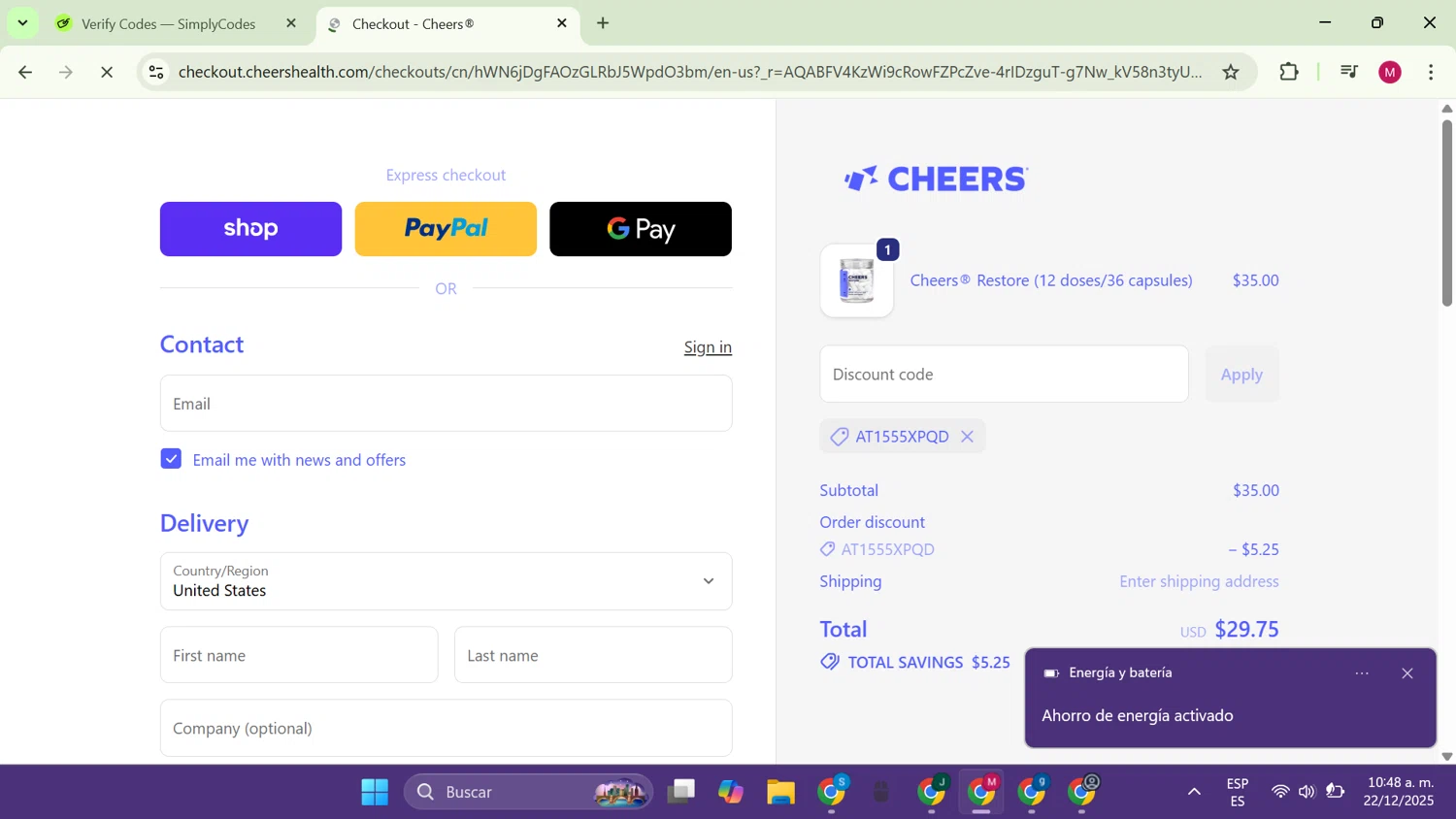 Cheers promo code screenshot showing code AT1555XPQD applied at Cheers checkout page. Uploaded by SimplyCodes community member CouponAce9216 on Dec 22, 2025