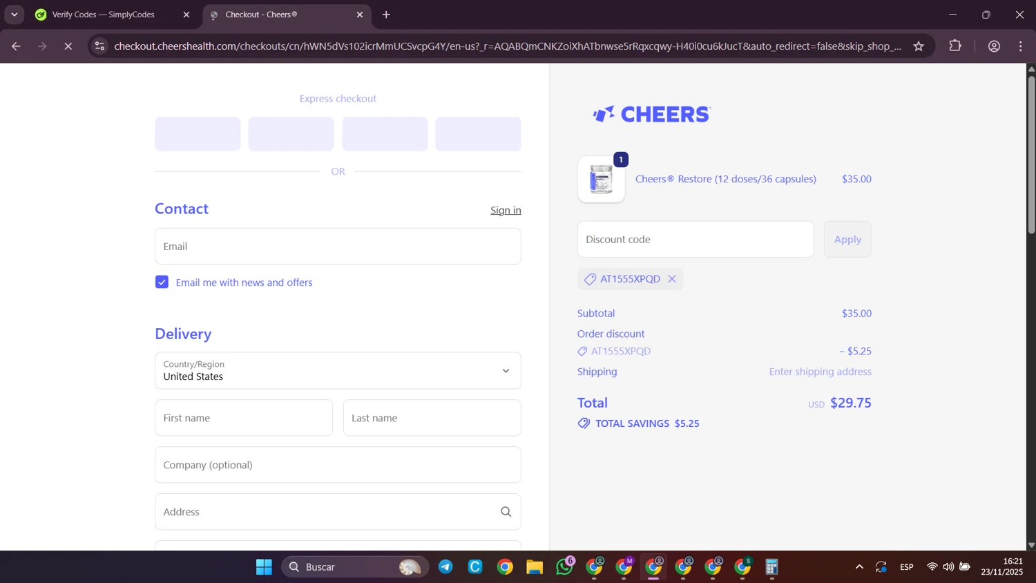 Cheers promo code screenshot showing code AT1555XPQD applied at Cheers checkout page. Uploaded by SimplyCodes community member SilverWhiz4145 on Nov 23, 2025