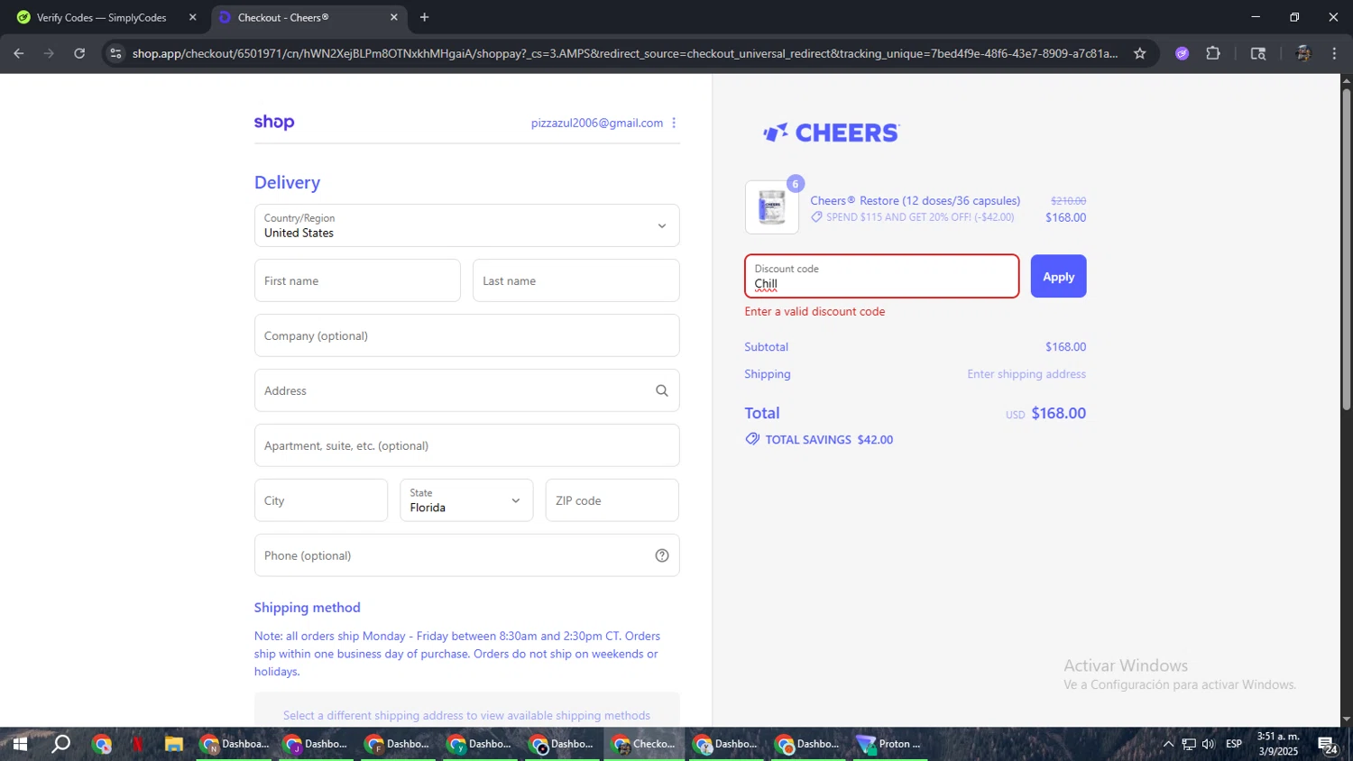 Cheers promo code screenshot showing code Chill applied at Cheers checkout page. Uploaded by SimplyCodes community member xxdddd on Sep 3, 2025