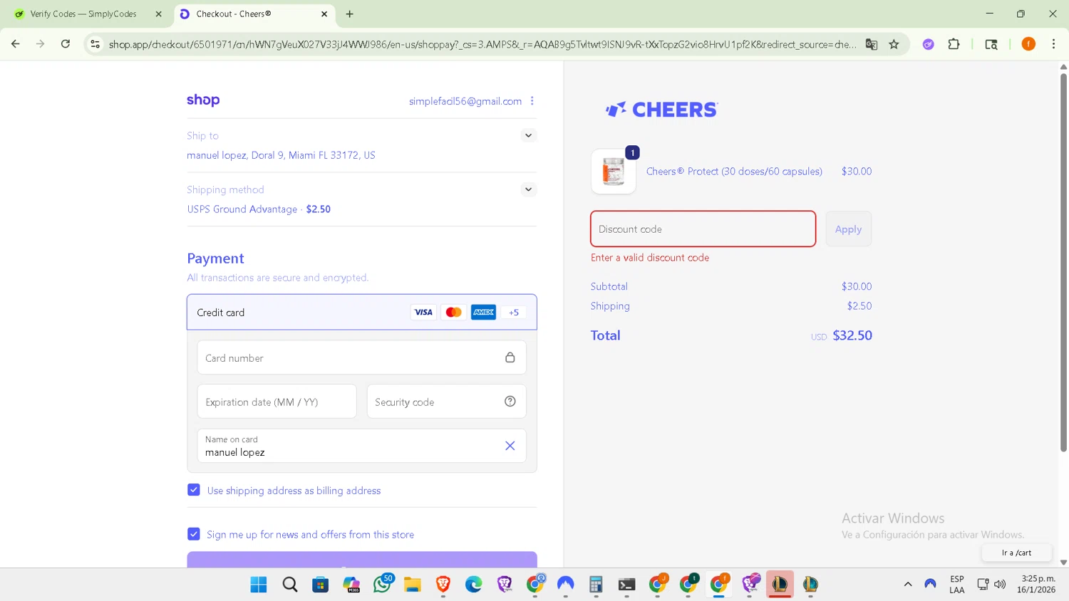 Cheers checkout page showing Cheers promo code box | Screenshot taken by SimplyCodes community member on Jan 16, 2026