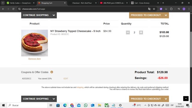 Cheesecake.com checkout page showing Cheesecake.com promo code box | Screenshot taken by SimplyCodes community member on Aug 20, 2025