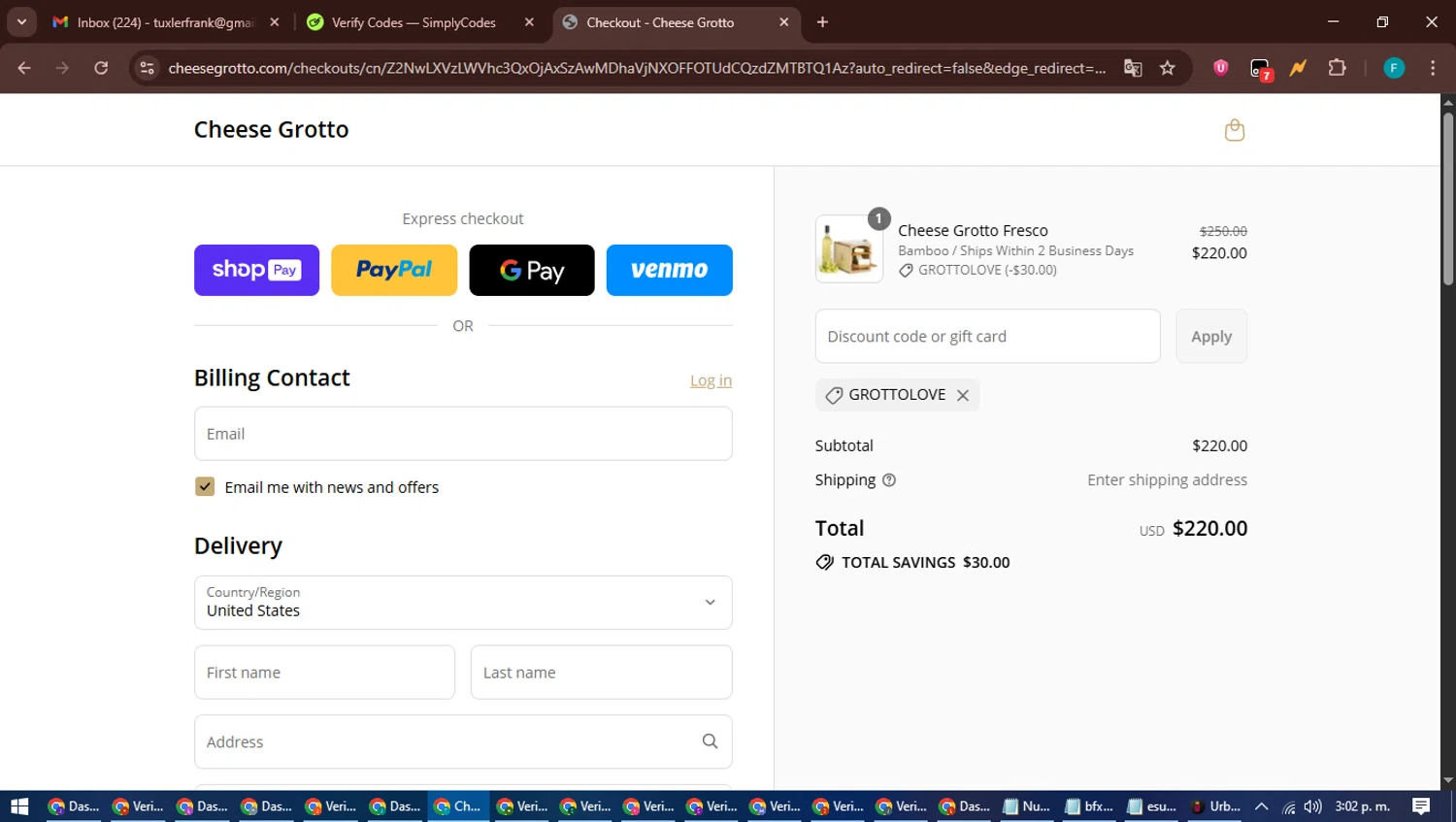 Cheese Grotto discount code screenshot showing code GROTTOLOVE applied at Cheese Grotto checkout page. Uploaded by SimplyCodes community member ShrewdTitan3233 on Jul 12, 2025