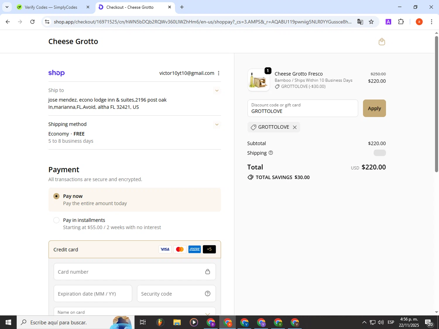 Cheese Grotto discount code screenshot showing code GROTTOLOVE applied at Cheese Grotto checkout page. Uploaded by SimplyCodes community member partenalgas on Nov 22, 2025