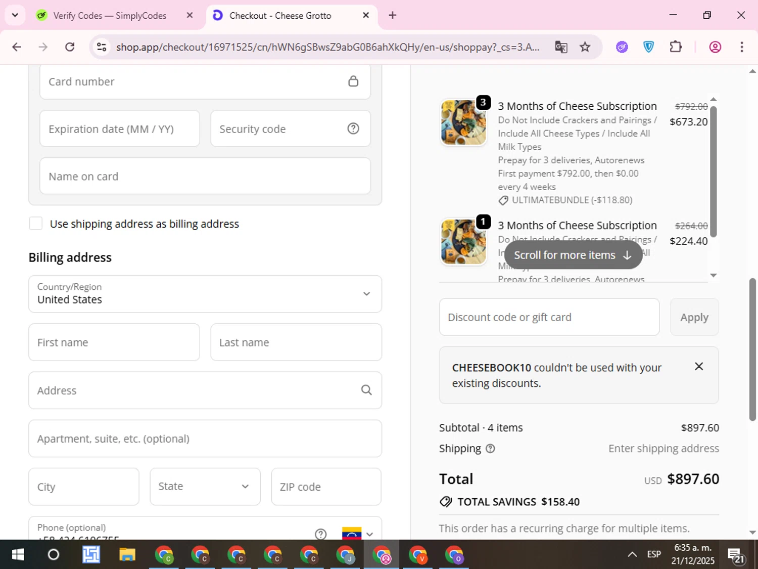 Cheese Grotto discount code screenshot showing code CHEESEBOOK10 applied at Cheese Grotto checkout page. Uploaded by SimplyCodes community member QuestCurator1644 on Dec 21, 2025