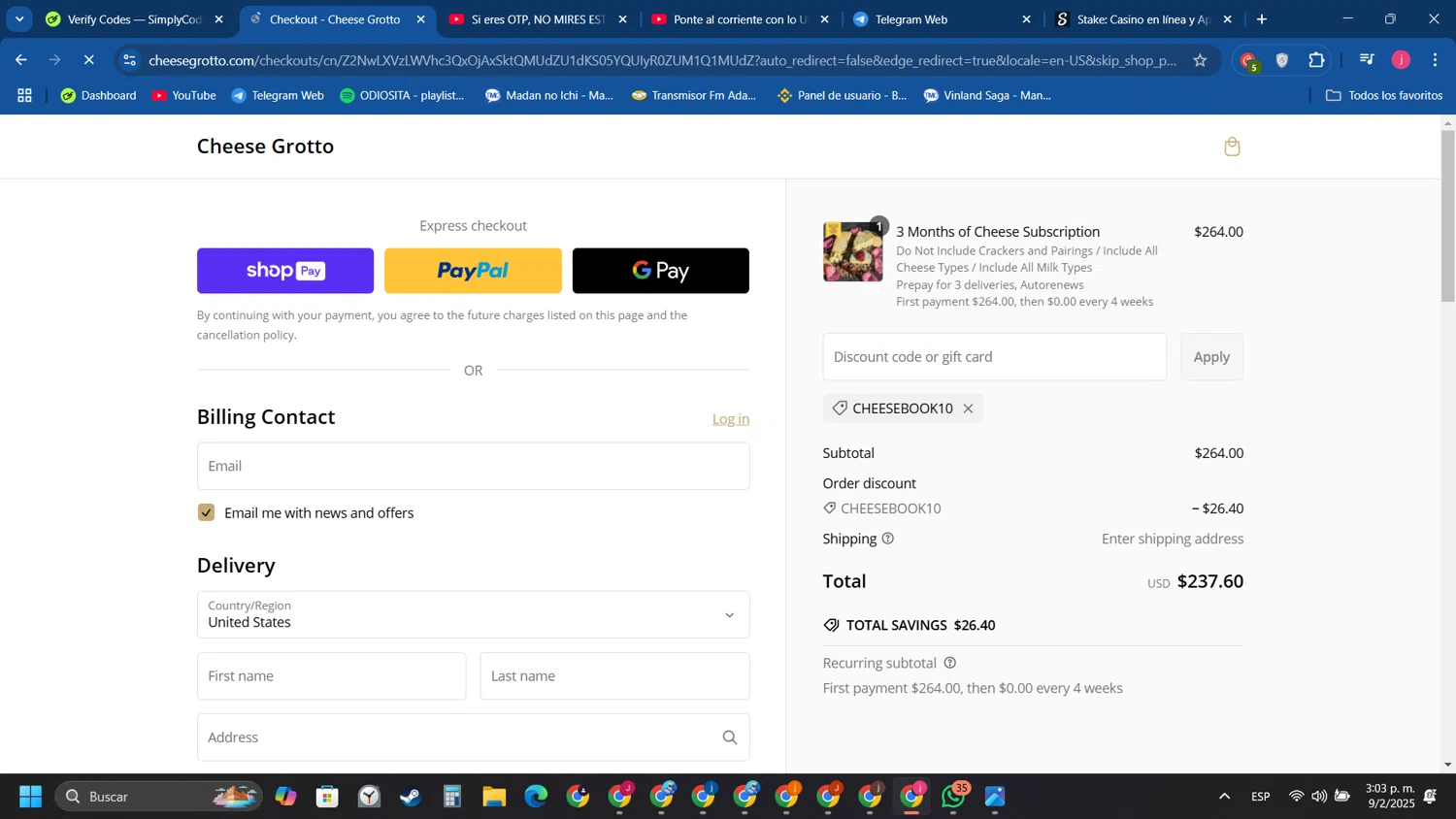 Cheese Grotto discount code screenshot showing code CHEESEBOOK10 applied at Cheese Grotto checkout page. Uploaded by SimplyCodes community member Tryhard on Feb 9, 2025