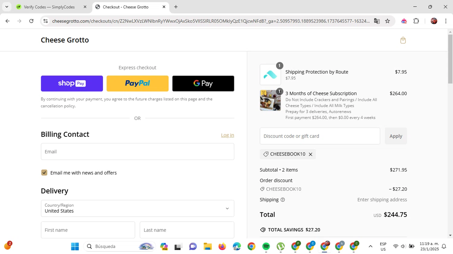 Cheese Grotto discount code screenshot showing code CHEESEBOOK10 applied at Cheese Grotto checkout page. Uploaded by SimplyCodes community member GloriousDefender7889 on Jan 23, 2025