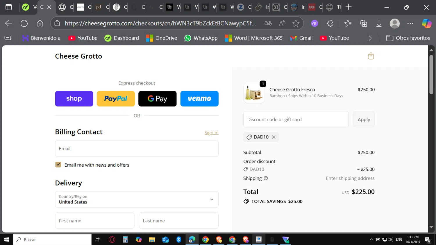Cheese Grotto discount code screenshot showing code DAD10 applied at Cheese Grotto checkout page. Uploaded by SimplyCodes community member Carbon132 on Oct 1, 2025