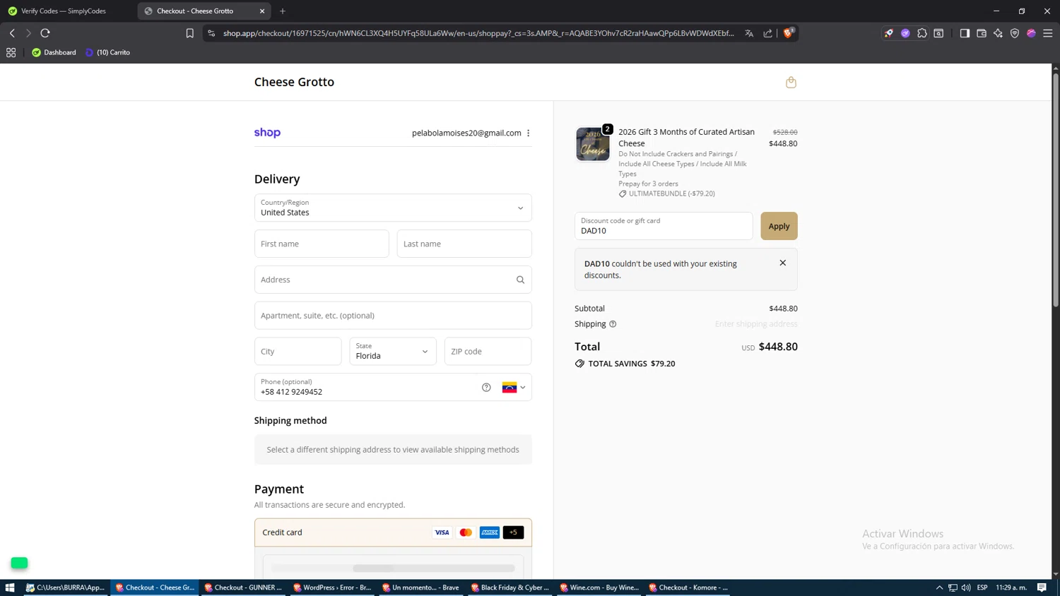 Cheese Grotto discount code screenshot showing code DAD10 applied at Cheese Grotto checkout page. Uploaded by SimplyCodes community member NARUTO_UZUMAKIsx on Dec 8, 2025