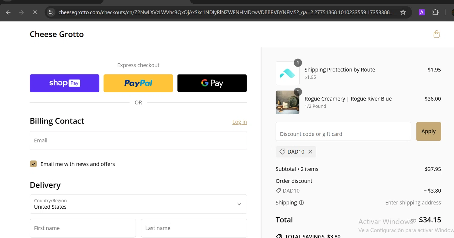 Cheese Grotto discount code screenshot showing code DAD10 applied at Cheese Grotto checkout page. Uploaded by SimplyCodes community member GloriousTitan3094 on Dec 27, 2024