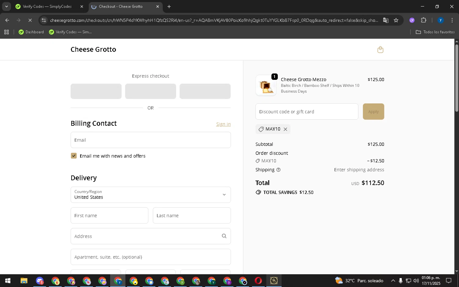 Cheese Grotto discount code screenshot showing code MAY10 applied at Cheese Grotto checkout page. Uploaded by SimplyCodes community member CouponSpotter3999 on Nov 17, 2025