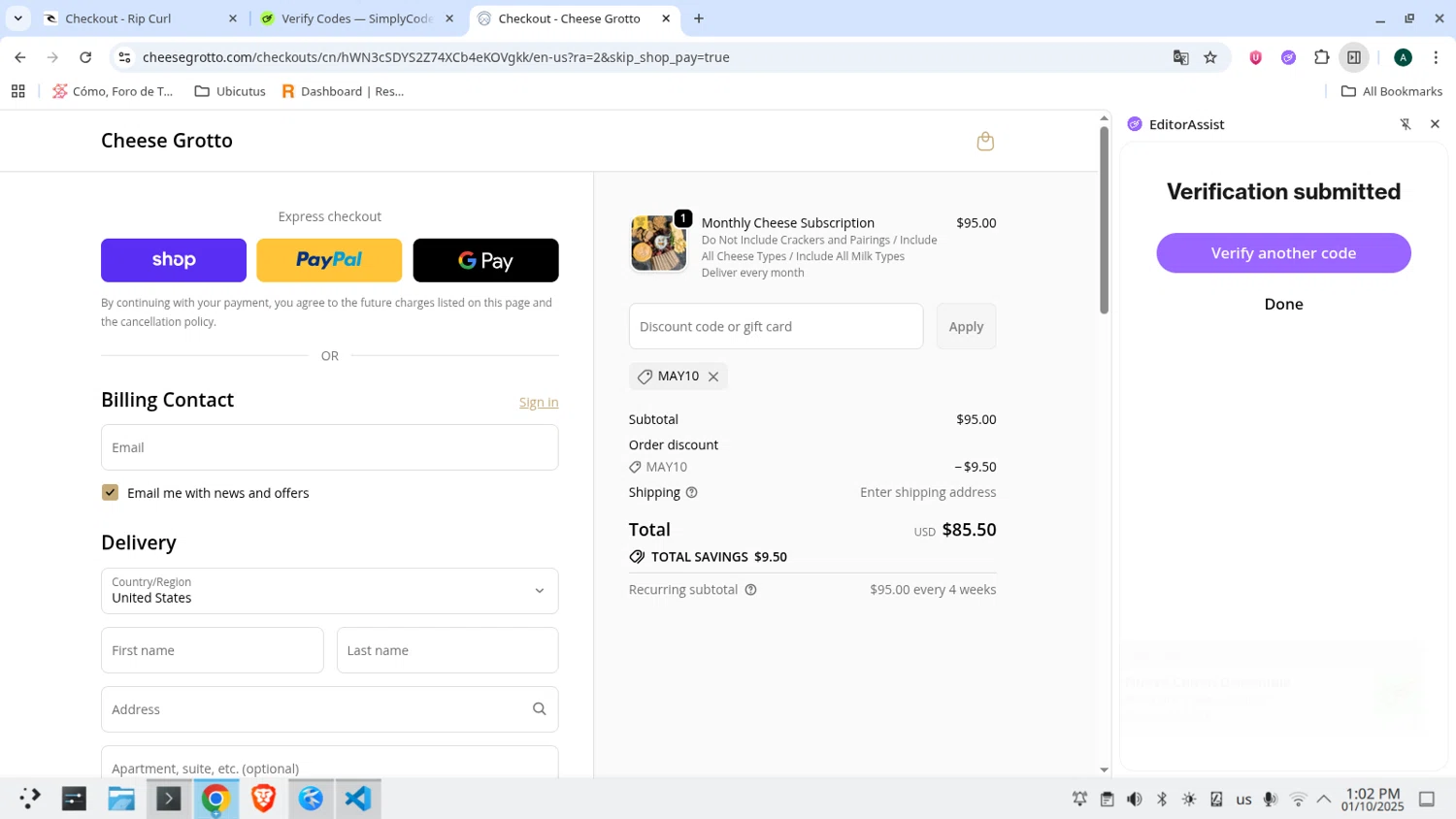 Cheese Grotto discount code screenshot showing code MAY10 applied at Cheese Grotto checkout page. Uploaded by SimplyCodes community member admeneses on Oct 1, 2025
