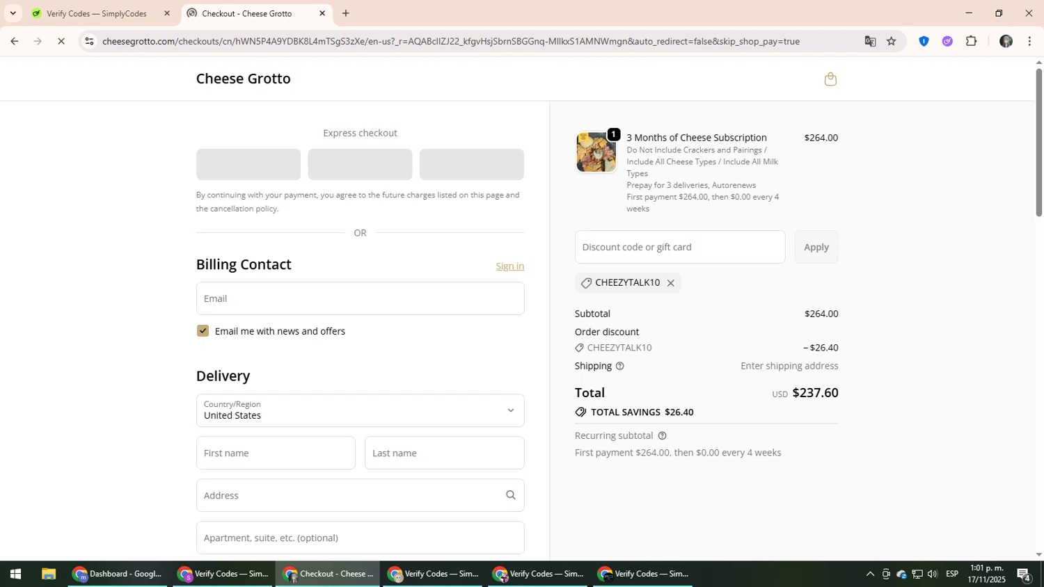 Cheese Grotto discount code screenshot showing code CHEEZYTALK10 applied at Cheese Grotto checkout page. Uploaded by SimplyCodes community member CleverLynx6871 on Nov 17, 2025