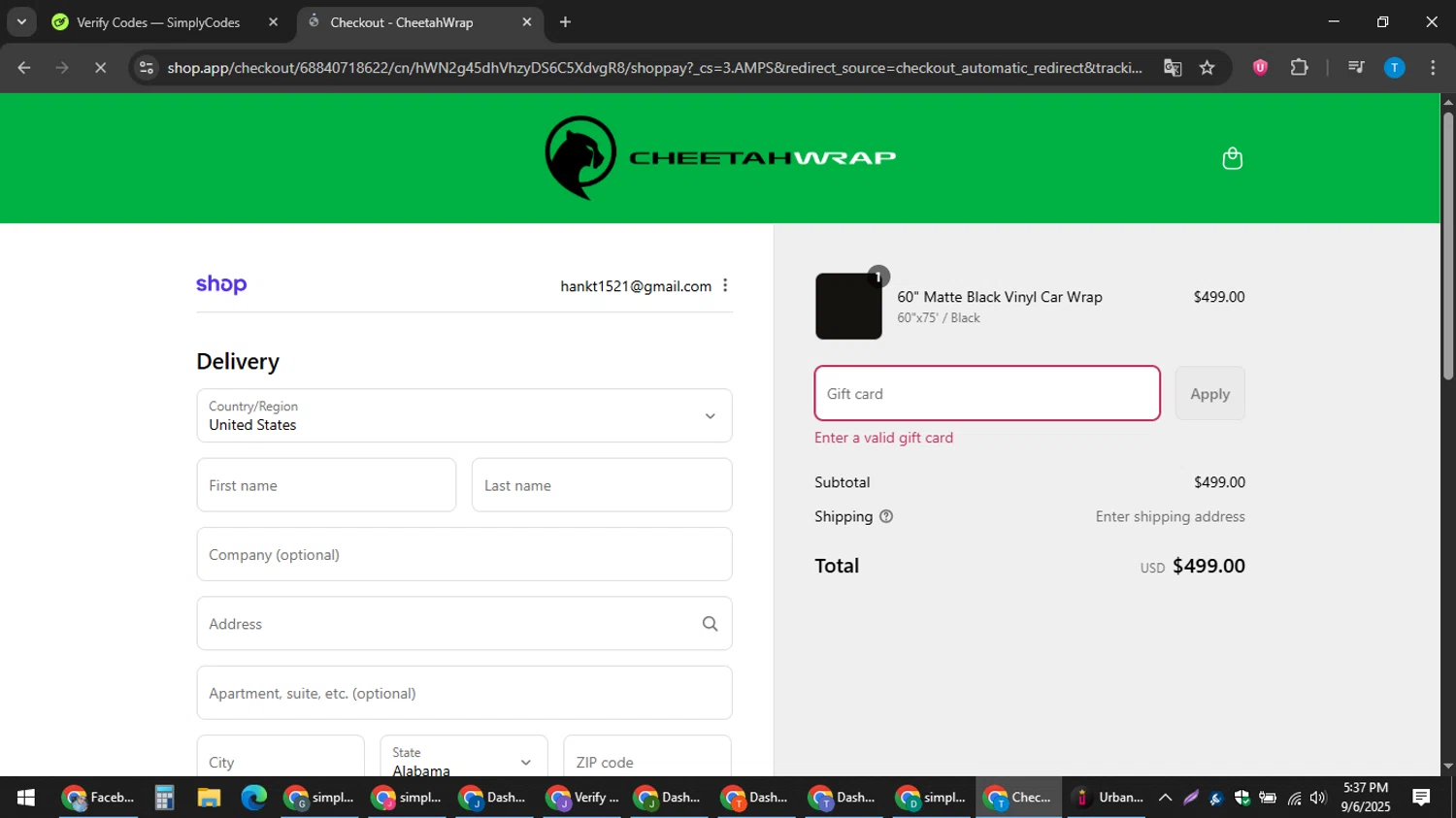 CheetahWrap discount code screenshot showing code CWFIRST5 applied at CheetahWrap checkout page. Uploaded by SimplyCodes community member hankt1521 on Sep 6, 2025