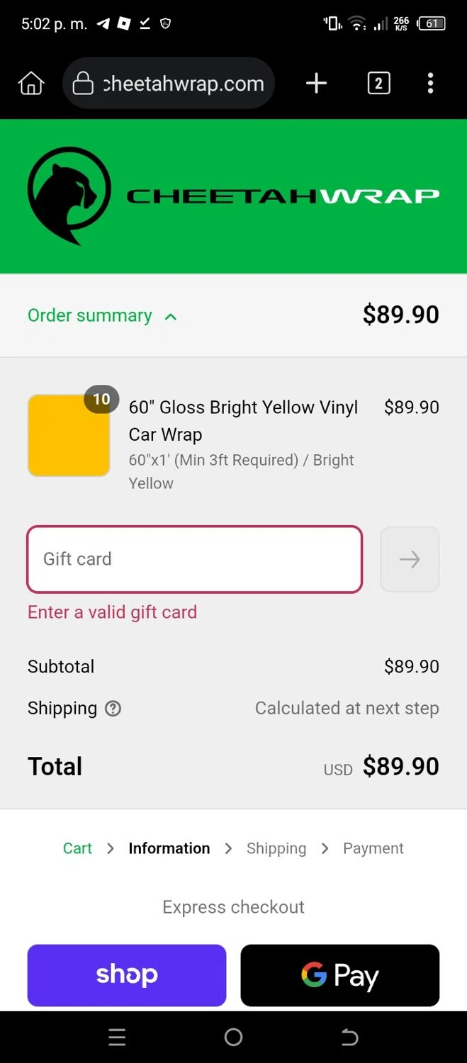 CheetahWrap discount code screenshot showing code 5offcart applied at CheetahWrap checkout page. Uploaded by SimplyCodes community member CleverSleuth6613 on Sep 6, 2025