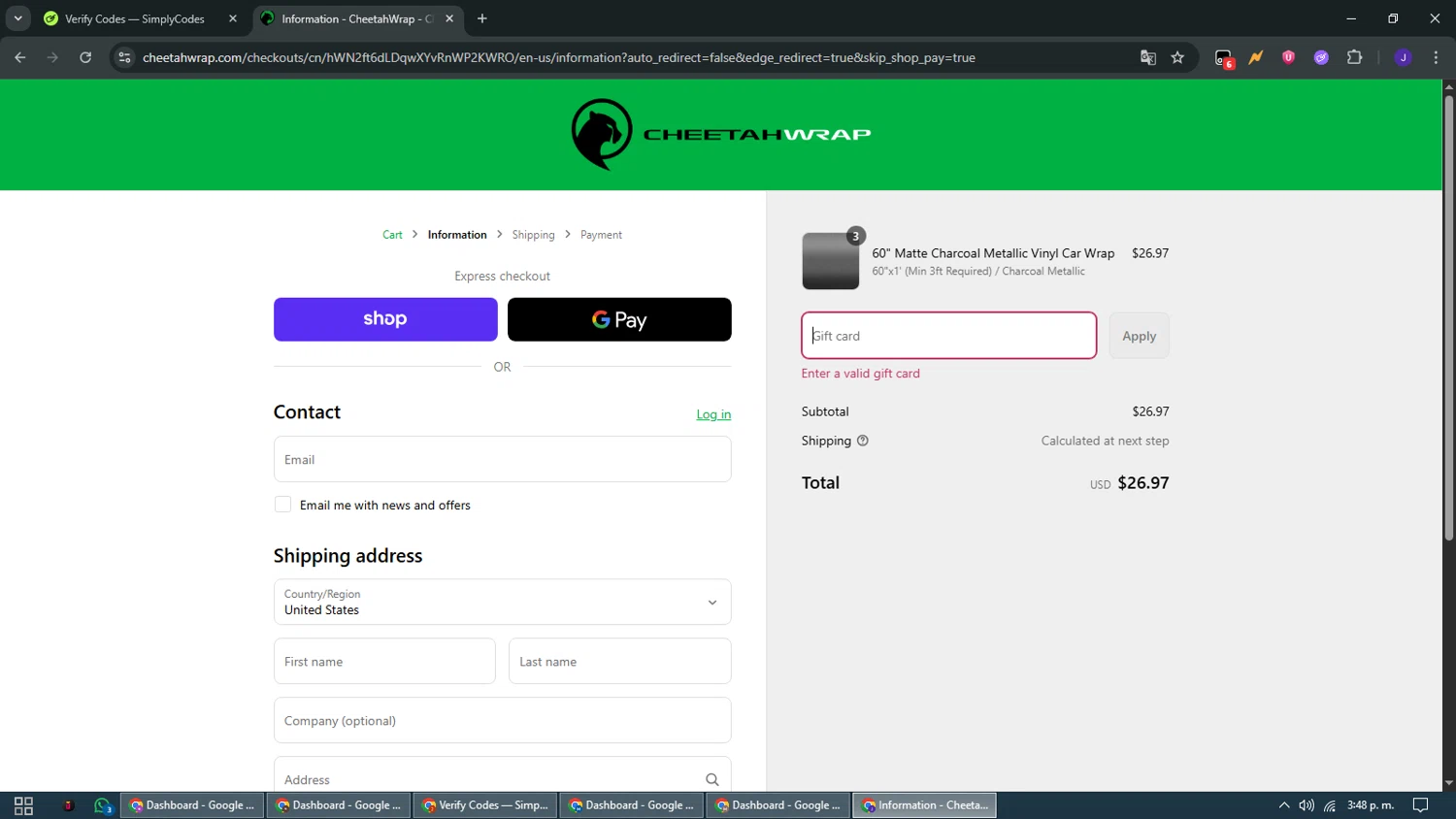 CheetahWrap discount code screenshot showing code 5offcart applied at CheetahWrap checkout page. Uploaded by SimplyCodes community member WiseMaven9968 on Sep 6, 2025