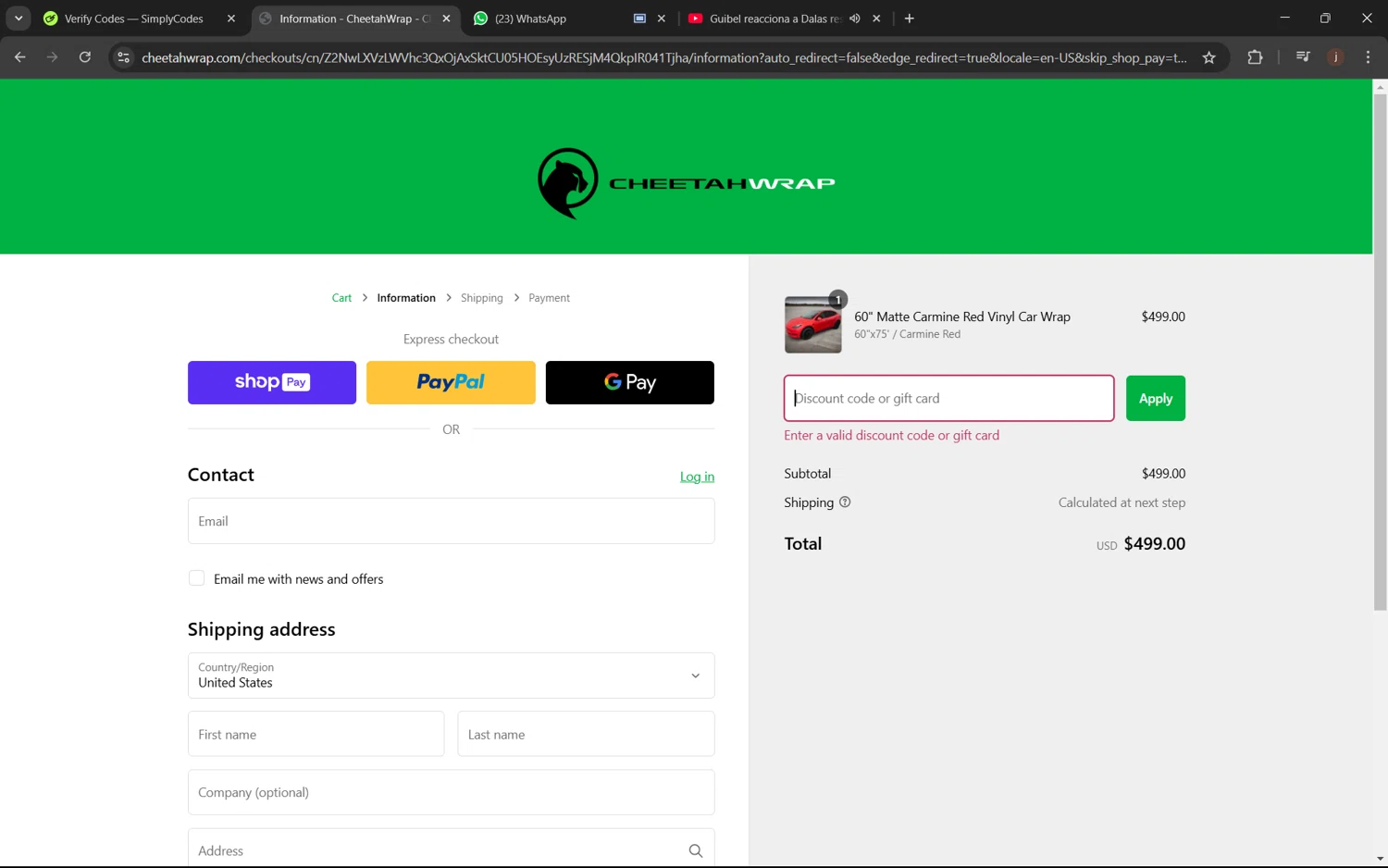 CheetahWrap discount code screenshot showing code 1500FFCF applied at CheetahWrap checkout page. Uploaded by SimplyCodes community member juanx1702 on Feb 5, 2025